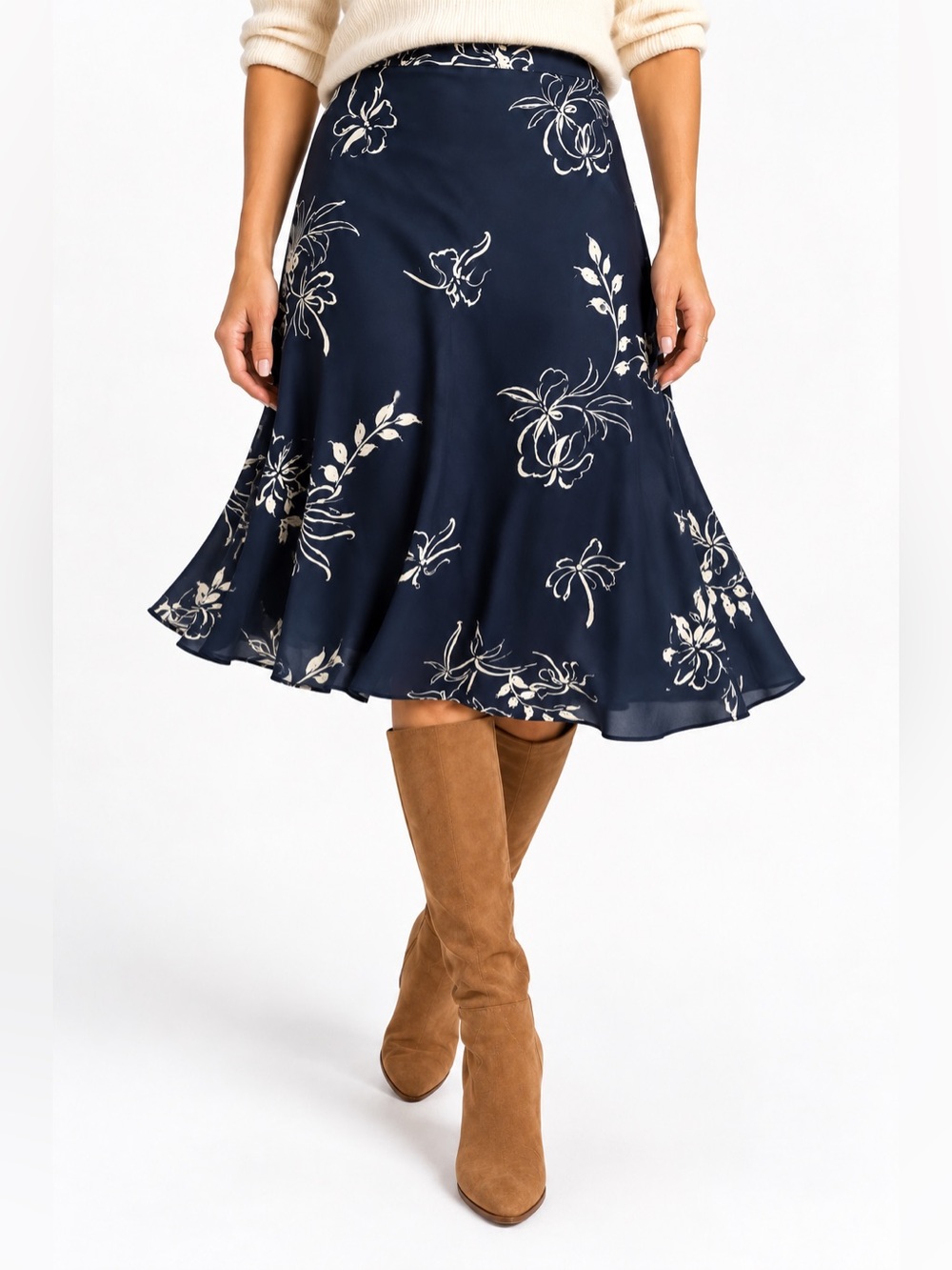 Lauren Ralph Lauren Floral A-Line Midi Skirt Navy Cream Size M Silk